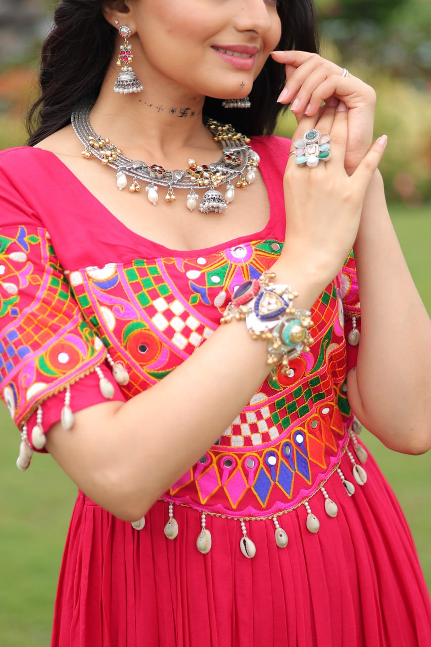 Rani Pink Navratri Special Kutchi Gamthi Work Rayon Gown with 3-Layer Frill & Cotton Lining