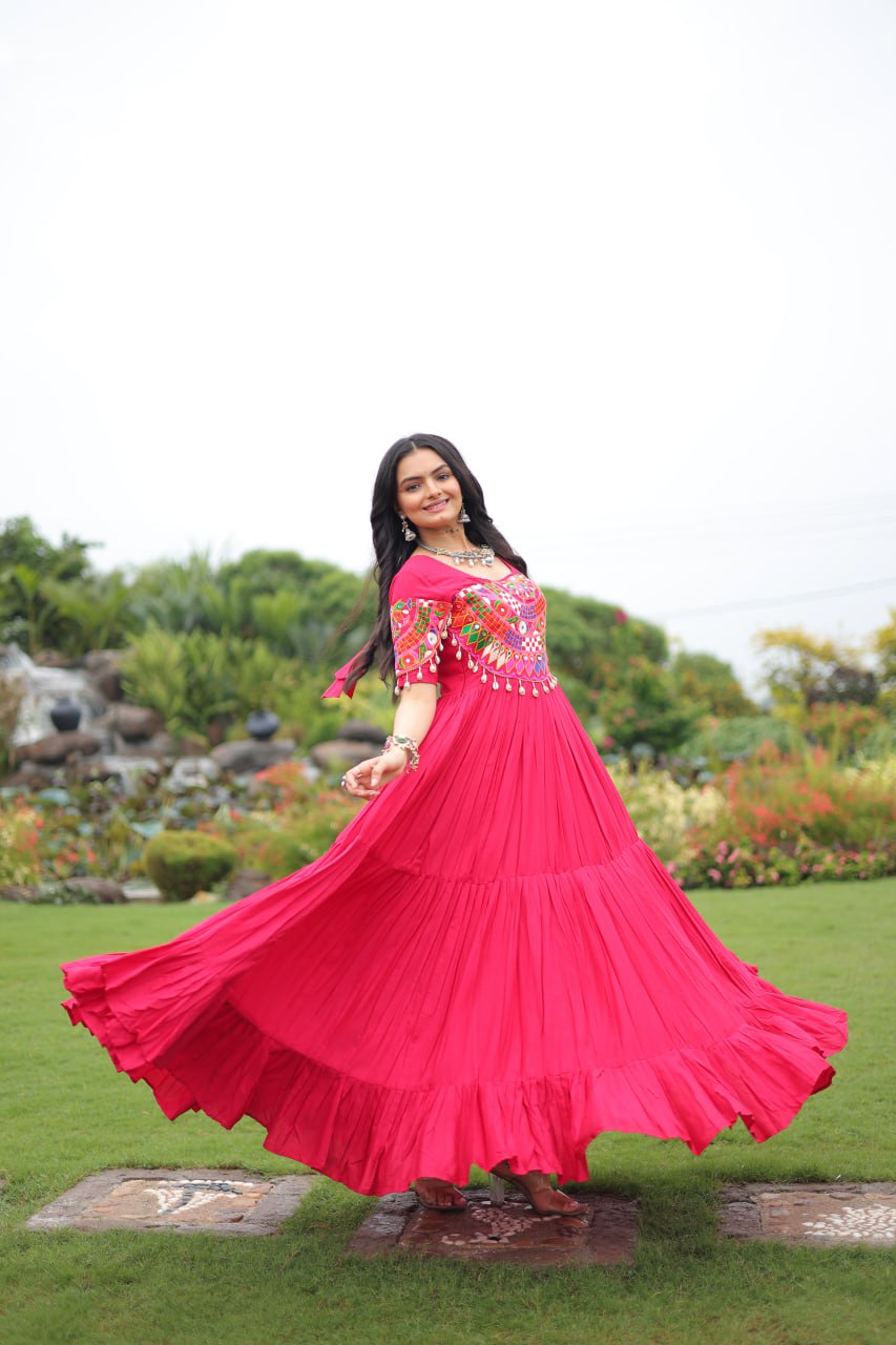 Rani Pink Navratri Special Kutchi Gamthi Work Rayon Gown with 3-Layer Frill & Cotton Lining