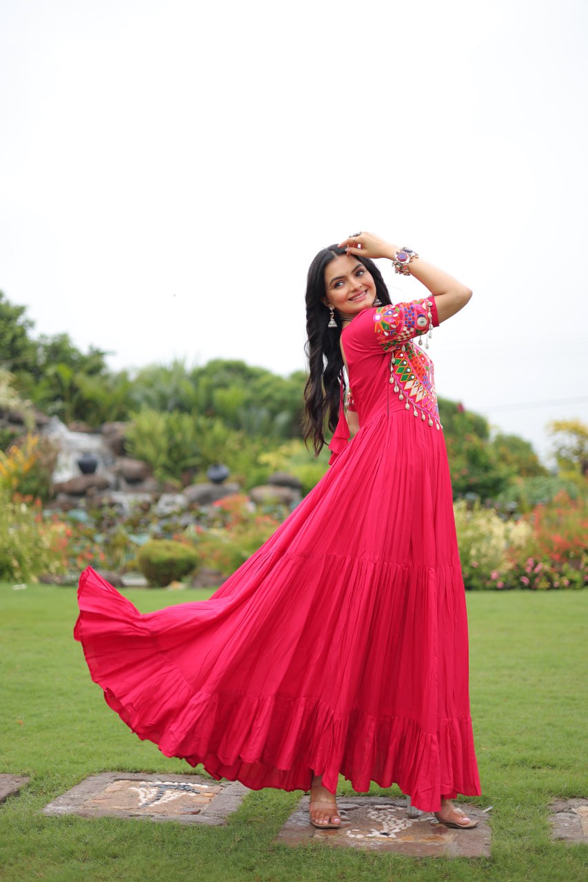 Rani Pink Navratri Special Kutchi Gamthi Work Rayon Gown with 3-Layer Frill & Cotton Lining