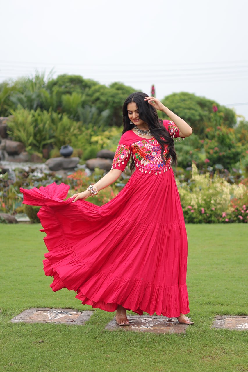Rani Pink Navratri Special Kutchi Gamthi Work Rayon Gown with 3-Layer Frill & Cotton Lining