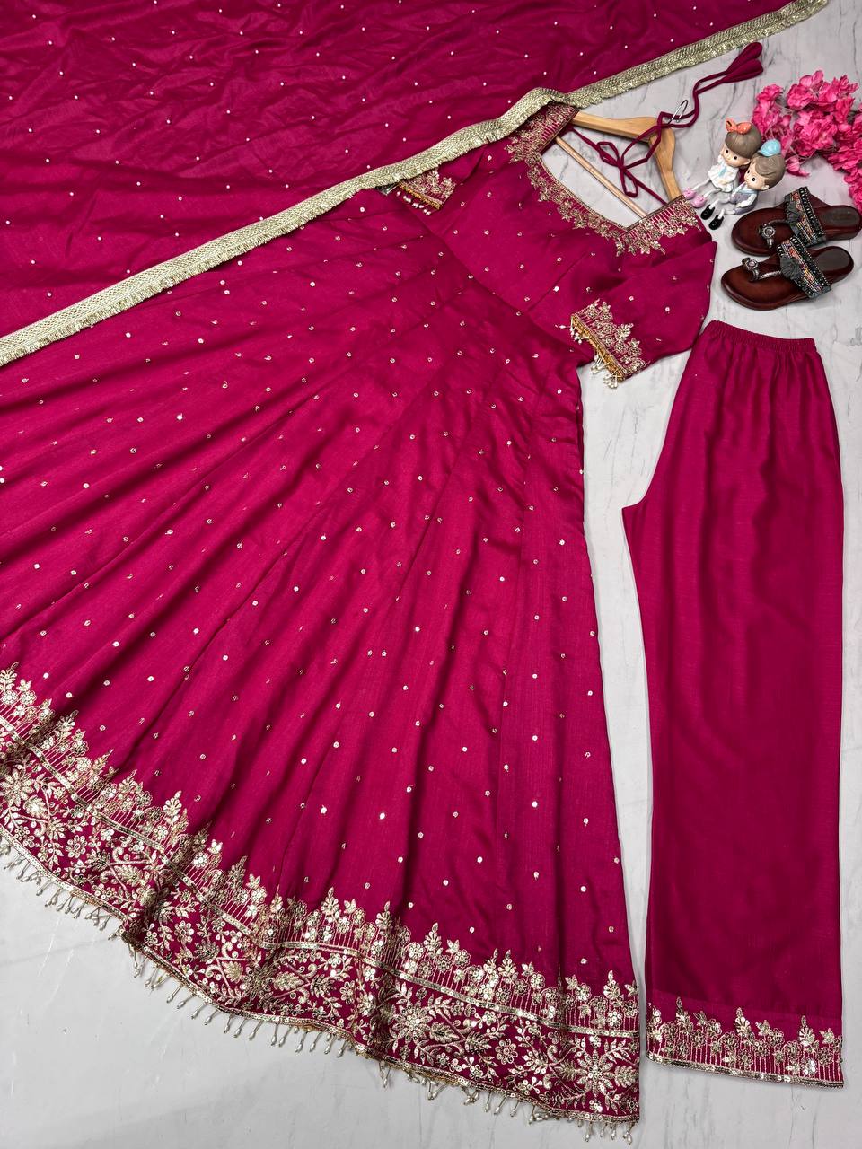 Rani Pink Party Wear Pur Vichitra Silk Anarkali Gown with Dupatta Set