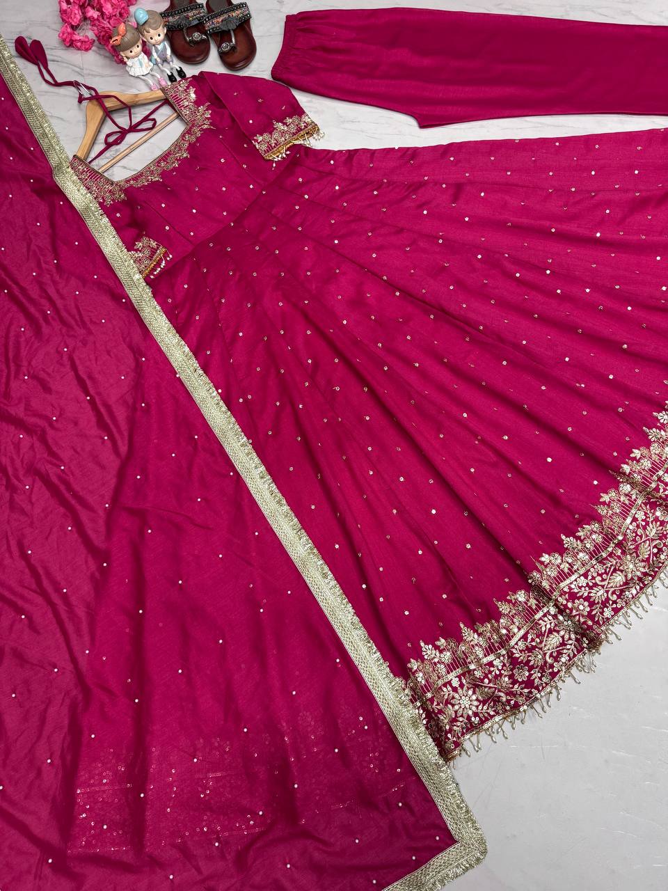 Rani Pink Party Wear Pur Vichitra Silk Anarkali Gown with Dupatta Set