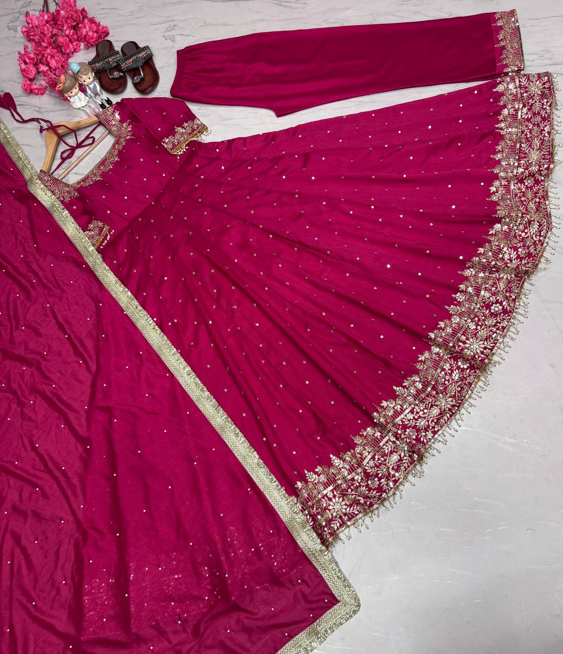 Rani Pink Party Wear Pur Vichitra Silk Anarkali Gown with Dupatta Set