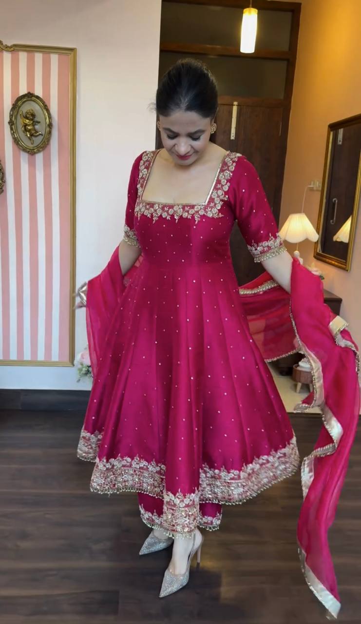 Rani Pink Party Wear Pur Vichitra Silk Anarkali Gown with Dupatta Set