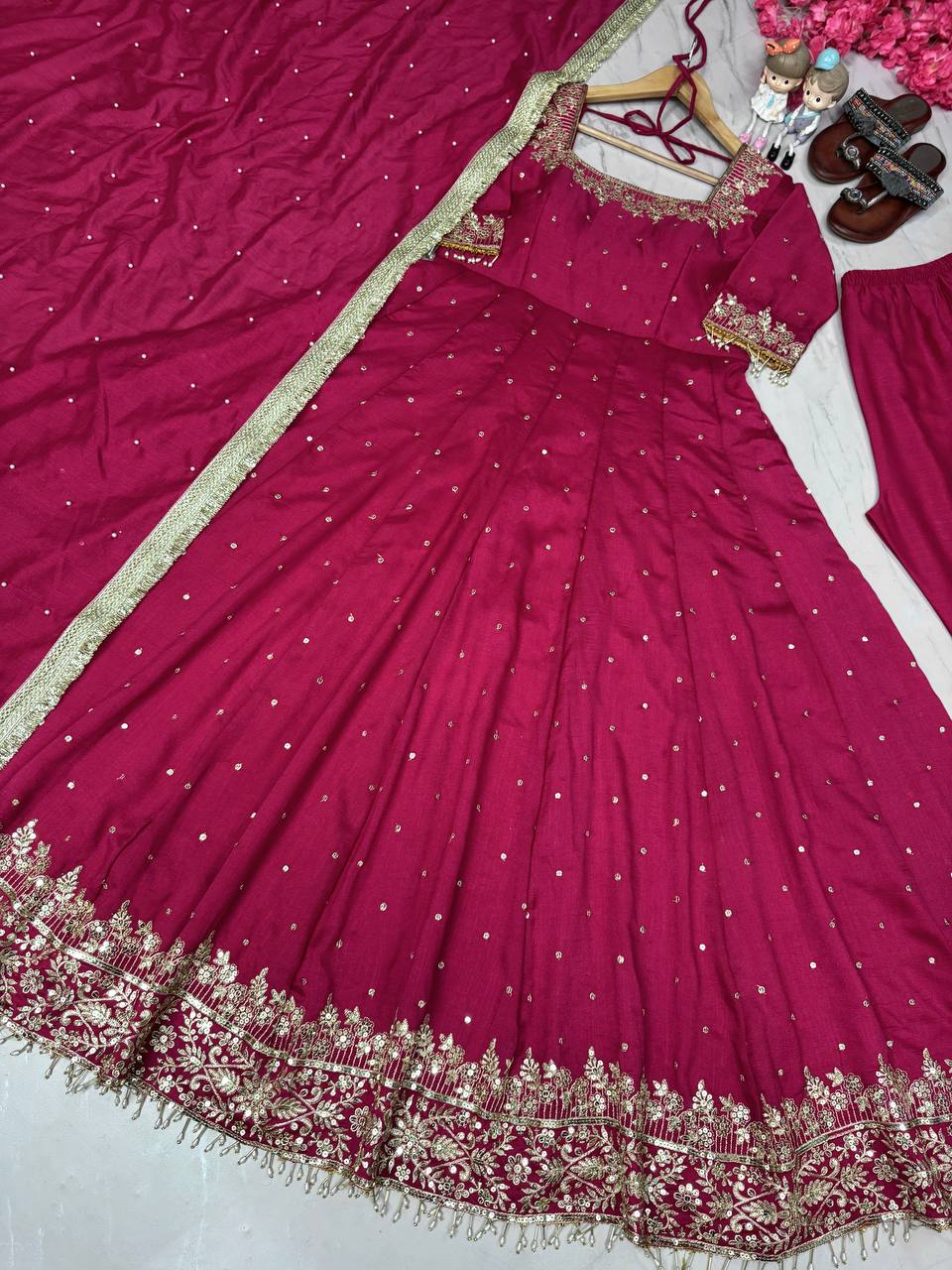 Rani Pink Party Wear Pur Vichitra Silk Anarkali Gown with Dupatta Set