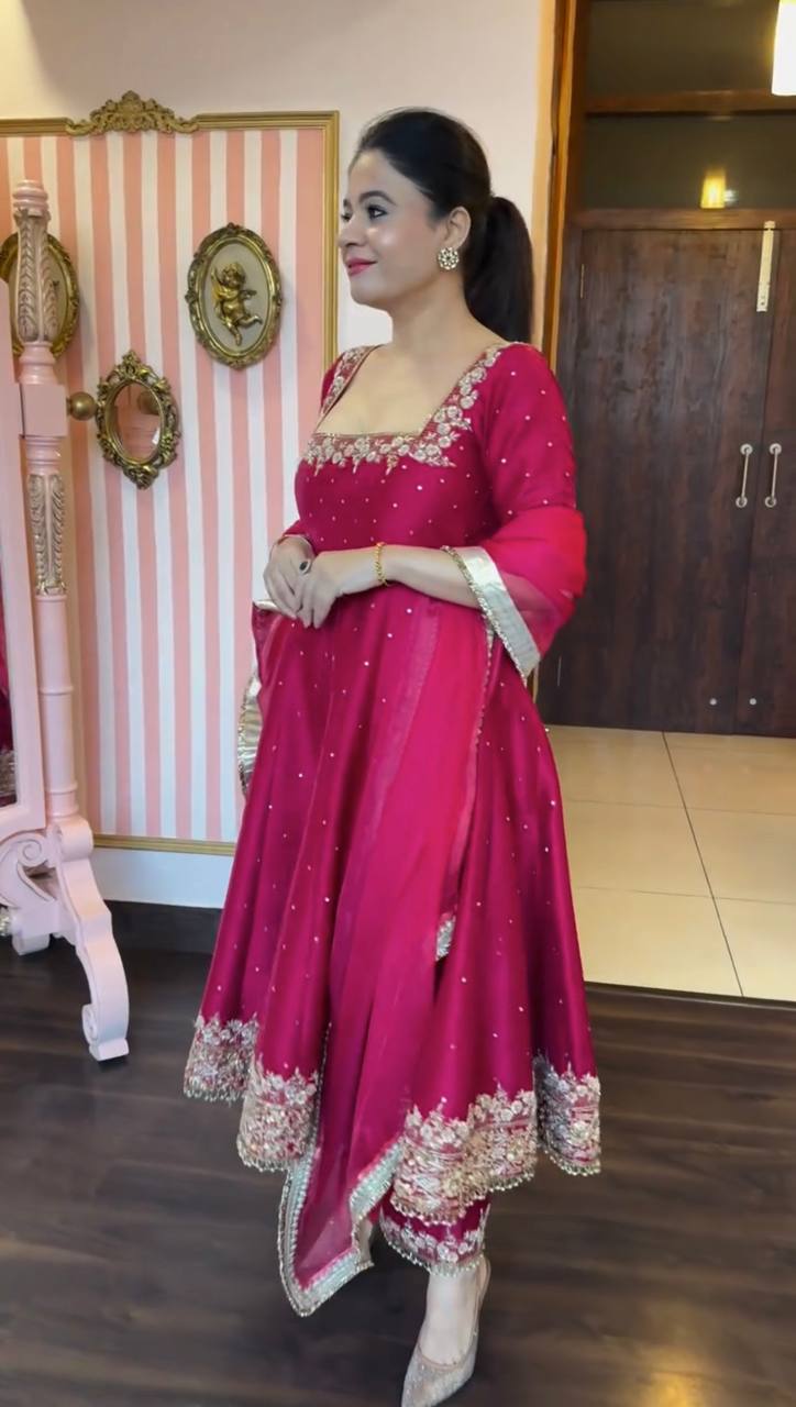 Rani Pink Party Wear Pur Vichitra Silk Anarkali Gown with Dupatta Set