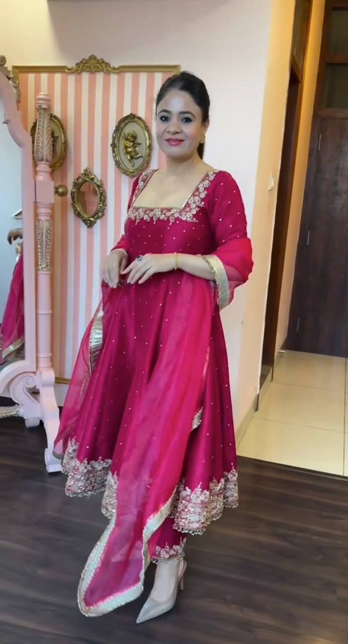 Rani Pink Party Wear Pur Vichitra Silk Anarkali Gown with Dupatta Set