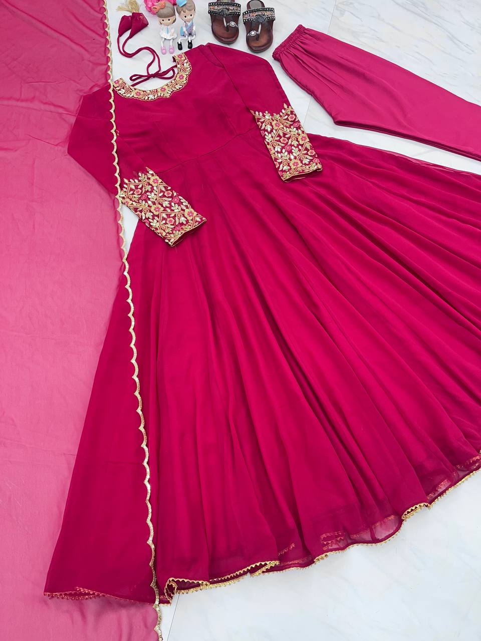 Rani Pink Premium Designer Party Wear Anarkali Gown, Dupatta & Bottom Set