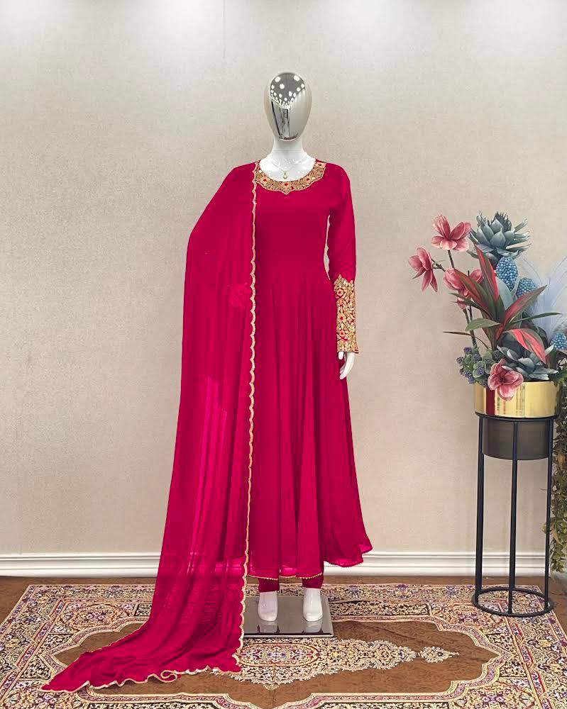 Rani Pink Premium Designer Party Wear Anarkali Gown, Dupatta & Bottom Set