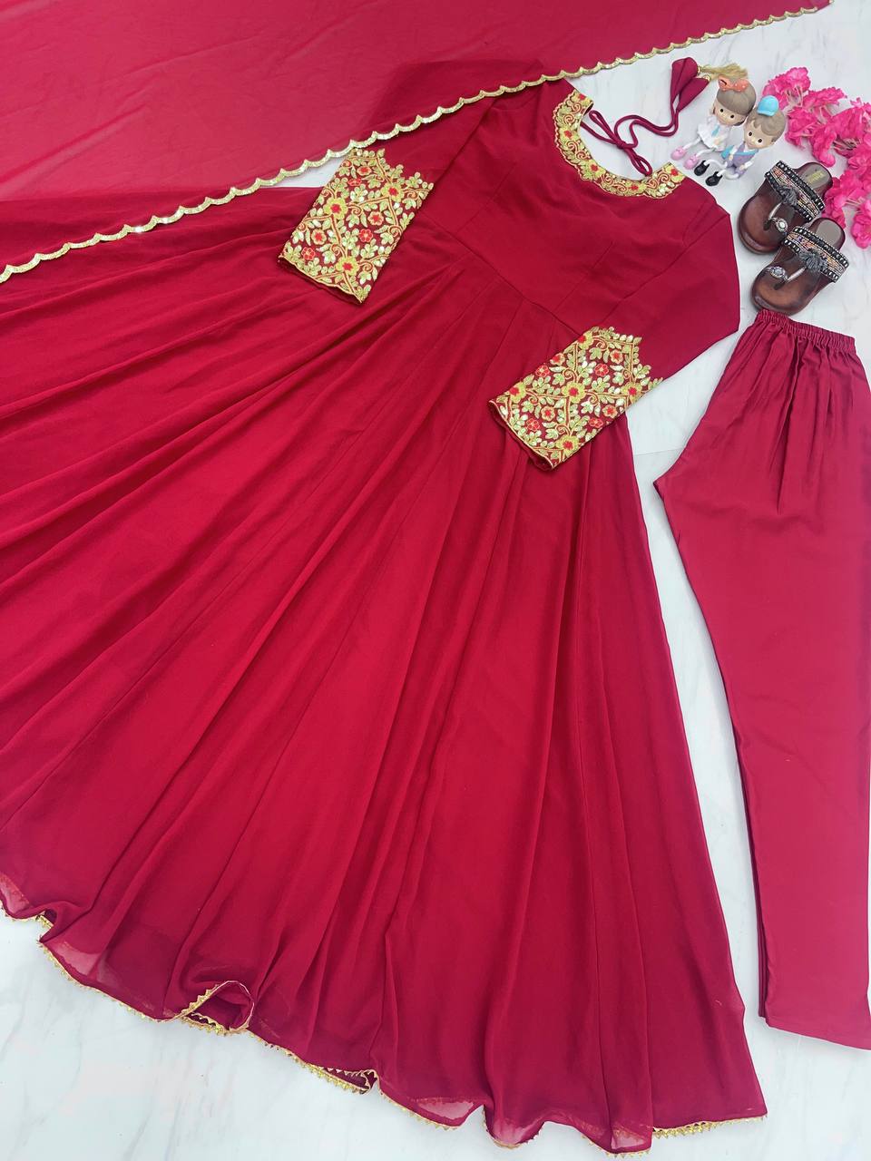 Rani Pink Premium Designer Party Wear Anarkali Gown, Dupatta & Bottom Set