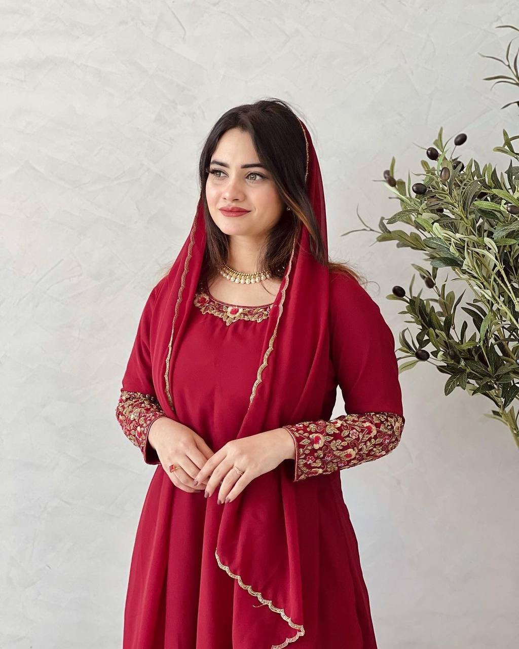 Rani Pink Premium Designer Party Wear Anarkali Gown, Dupatta & Bottom Set