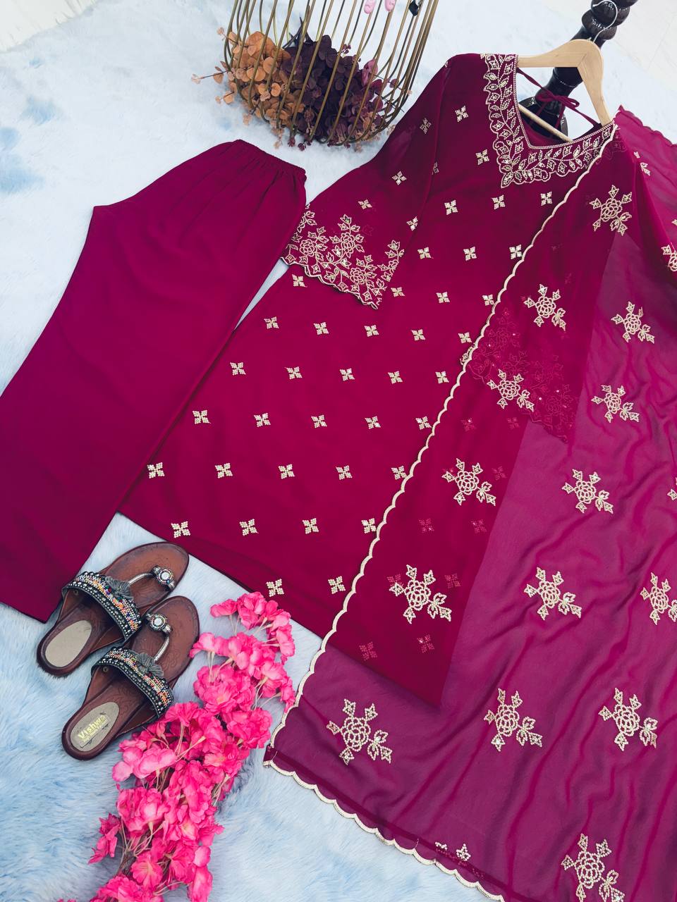 Rani Pink Premium Designer Party Wear Faux Georgette Top, Bottom & Dupatta Set