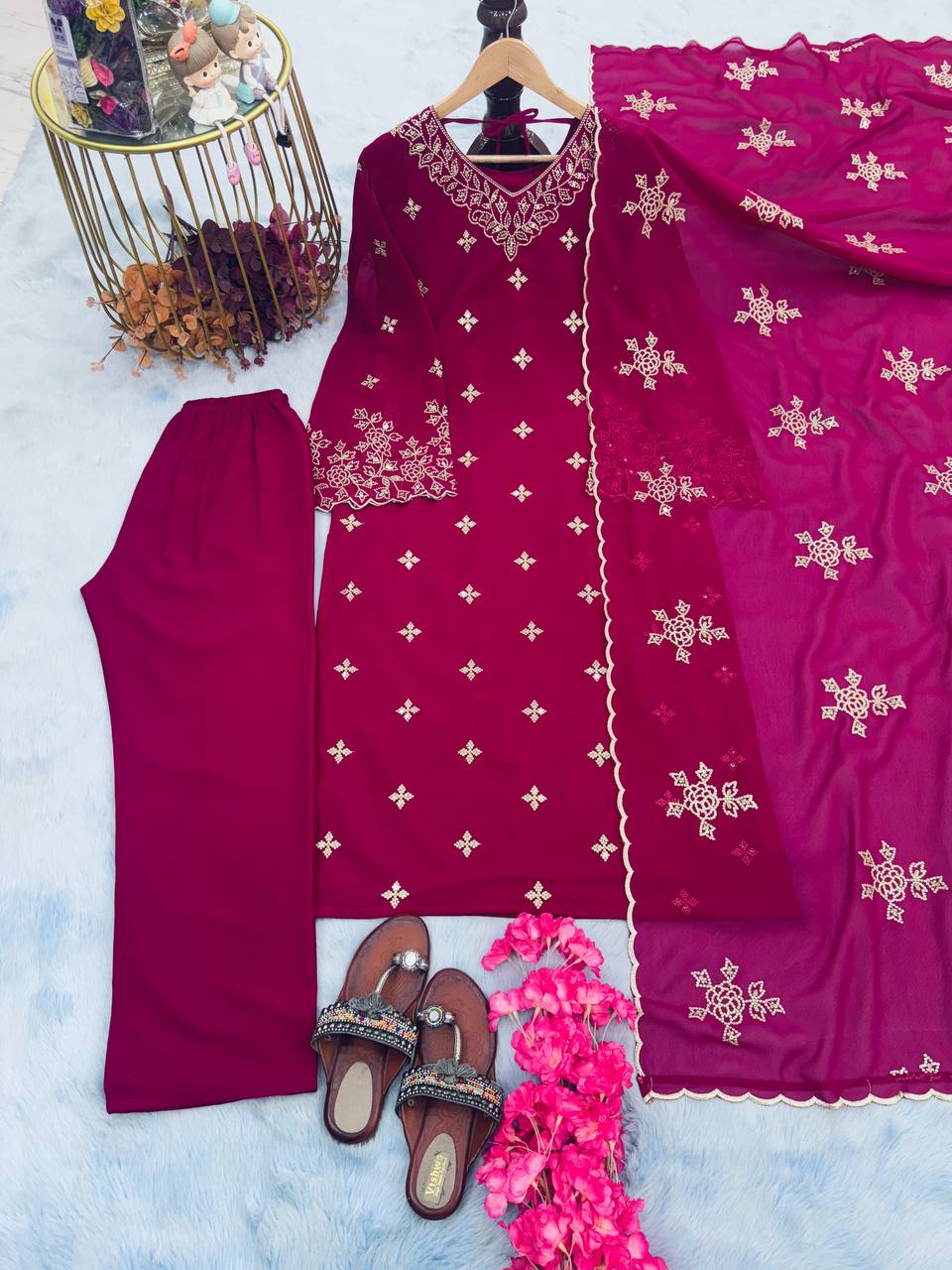 Rani Pink Premium Designer Party Wear Faux Georgette Top, Bottom & Dupatta Set