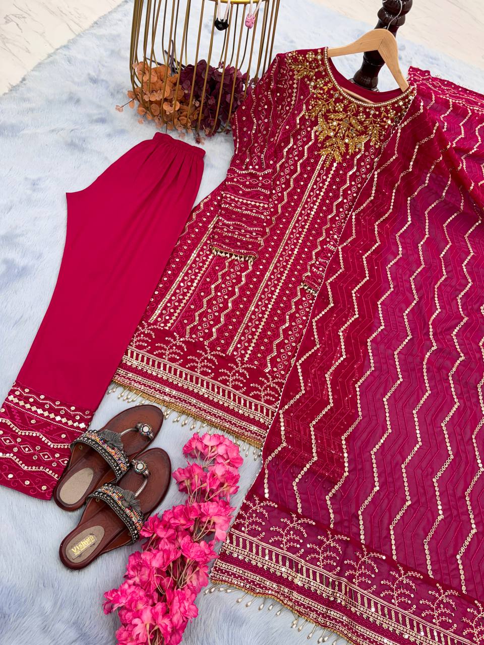 Rani Pink Premium Designer Party Wear Georgette Top, Bottom & Dupatta Set