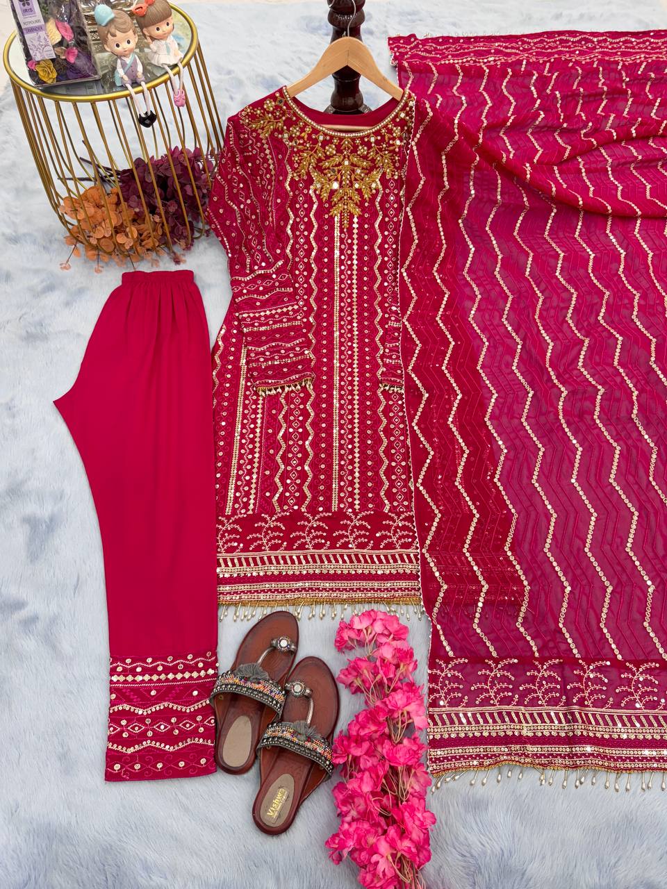 Rani Pink Premium Designer Party Wear Georgette Top, Bottom & Dupatta Set