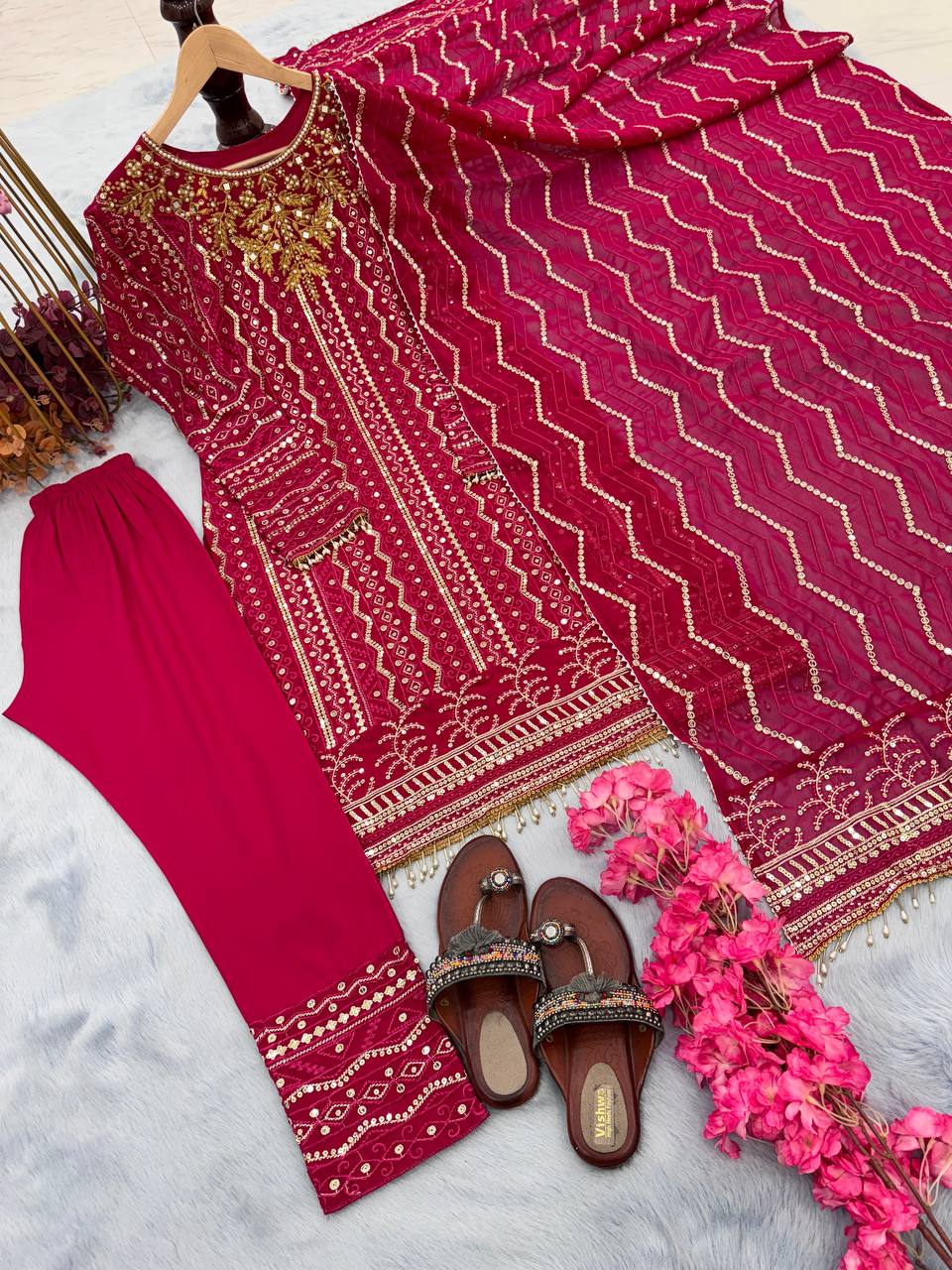 Rani Pink Premium Designer Party Wear Georgette Top, Bottom & Dupatta Set