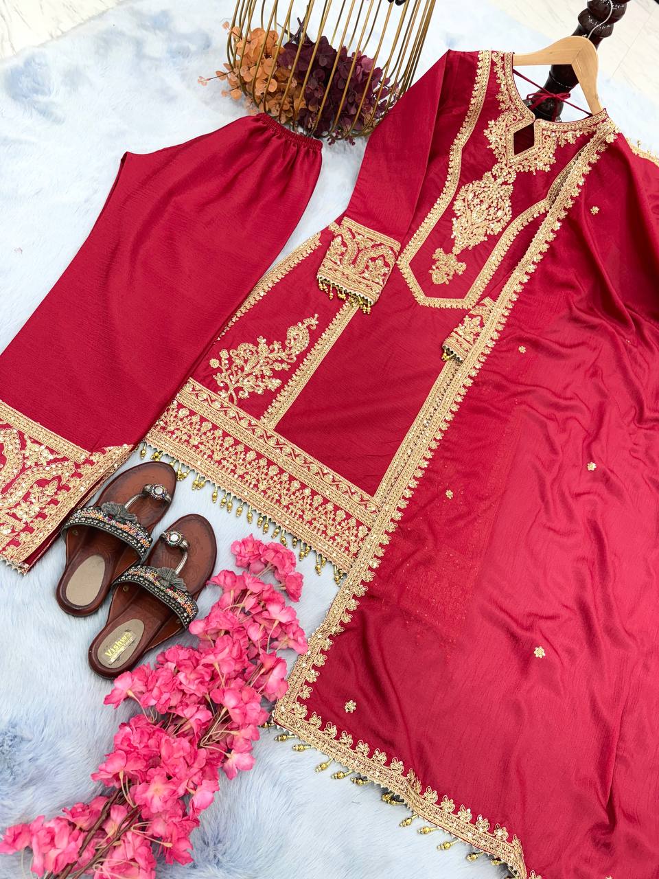 Rani Pink Premium Designer Ready-to-Wear Top, Plazzo & Dupatta Set