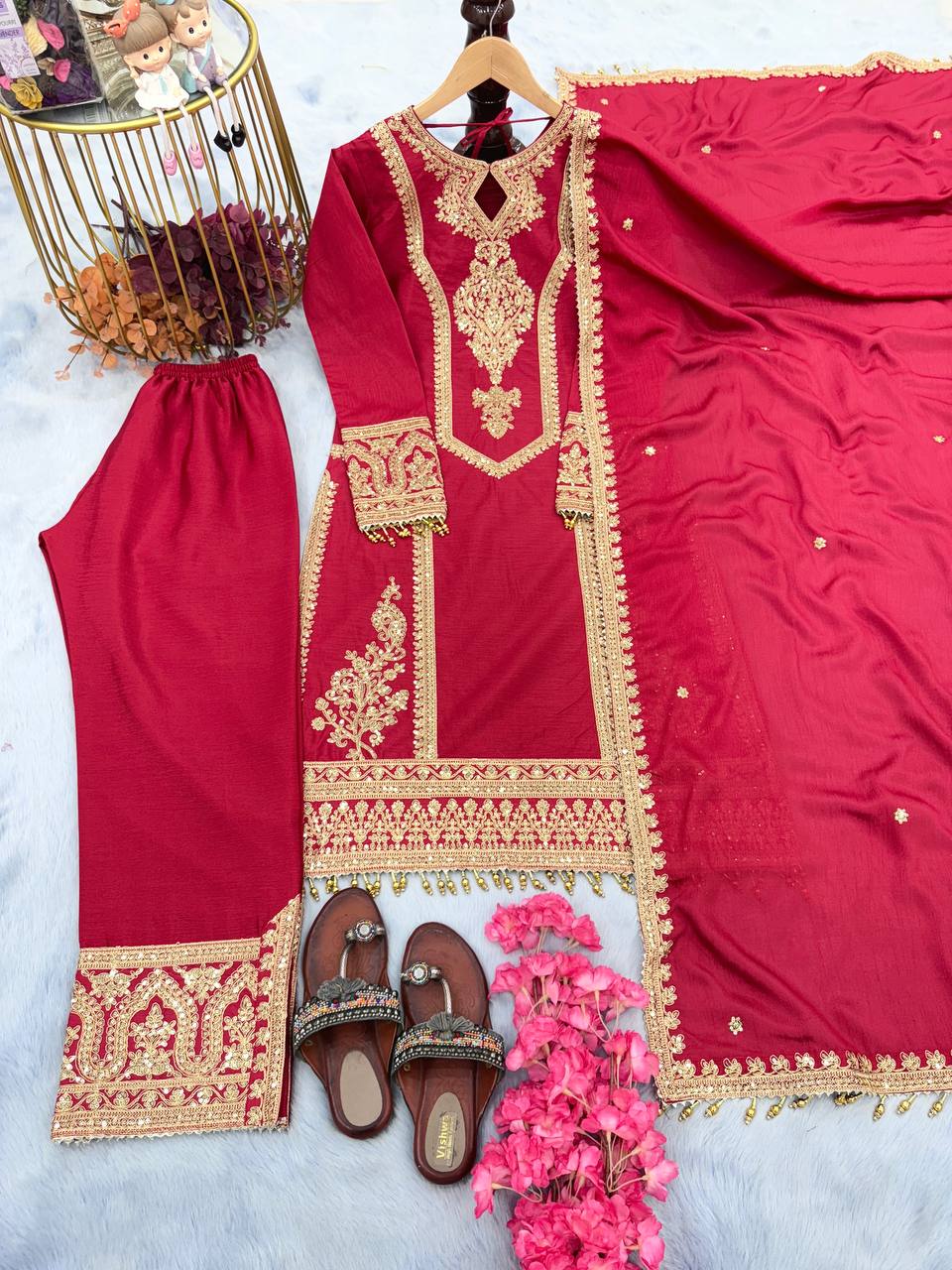 Rani Pink Premium Designer Ready-to-Wear Top, Plazzo & Dupatta Set