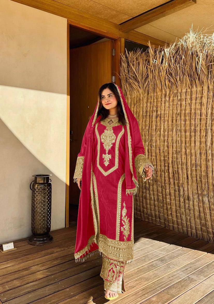 Rani Pink Premium Designer Ready-to-Wear Top, Plazzo & Dupatta Set