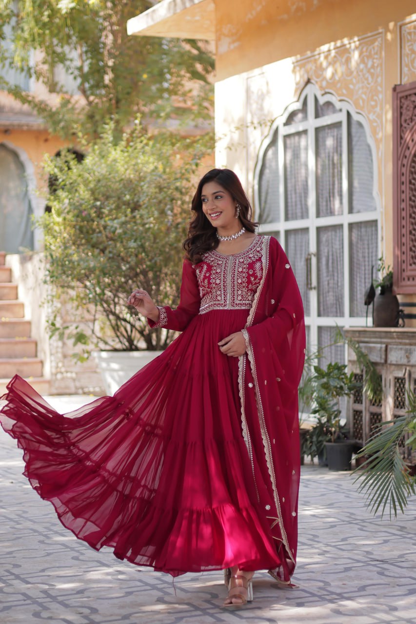 Rani Pink Premium Designer Readymade Gown with Dupatta – Elegant Embroidered Pearl Work