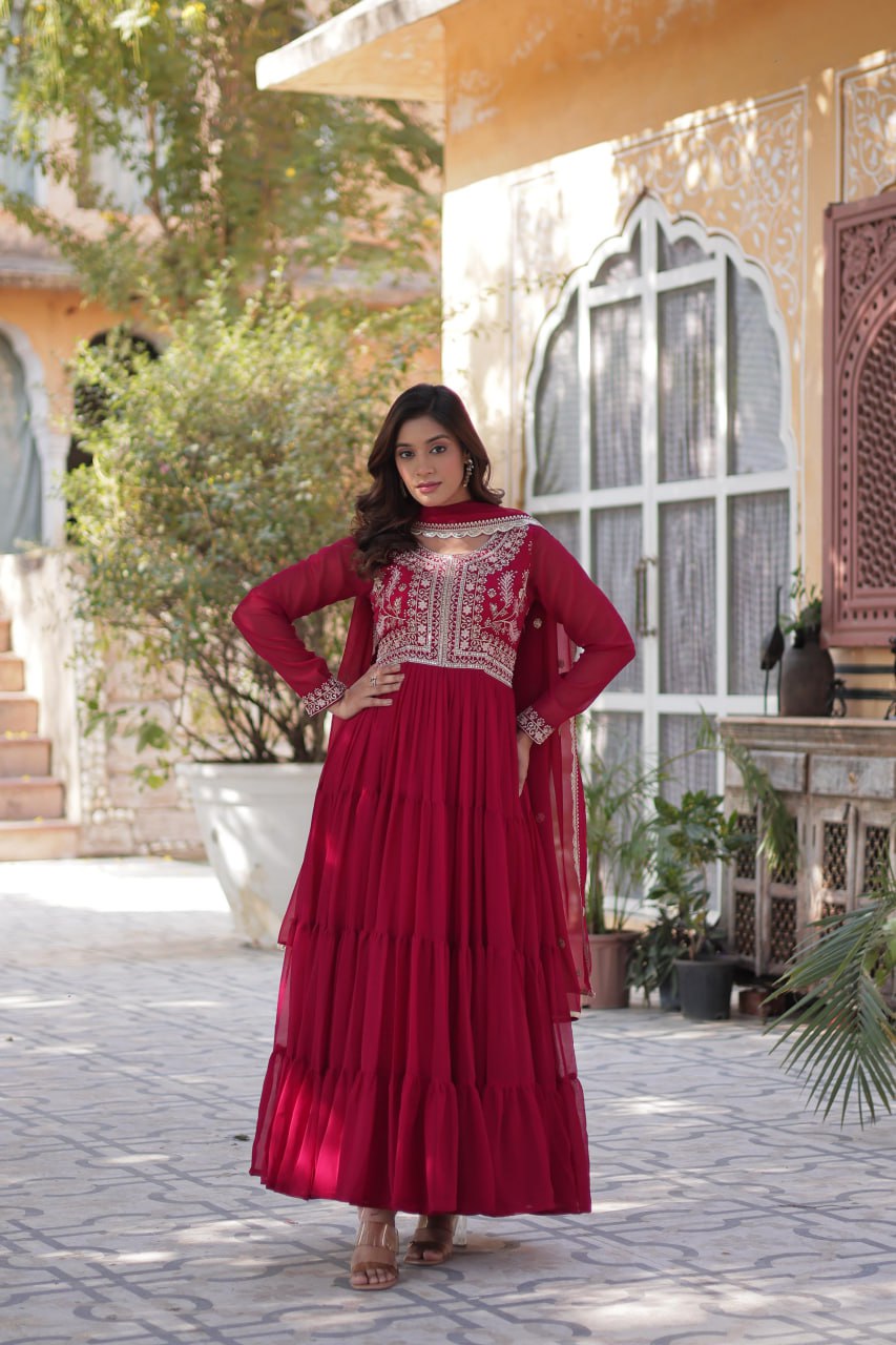 Rani Pink Premium Designer Readymade Gown with Dupatta – Elegant Embroidered Pearl Work