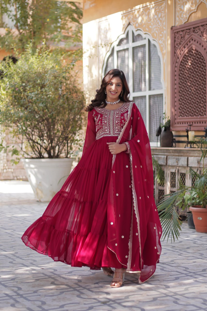 Rani Pink Premium Designer Readymade Gown with Dupatta – Elegant Embroidered Pearl Work