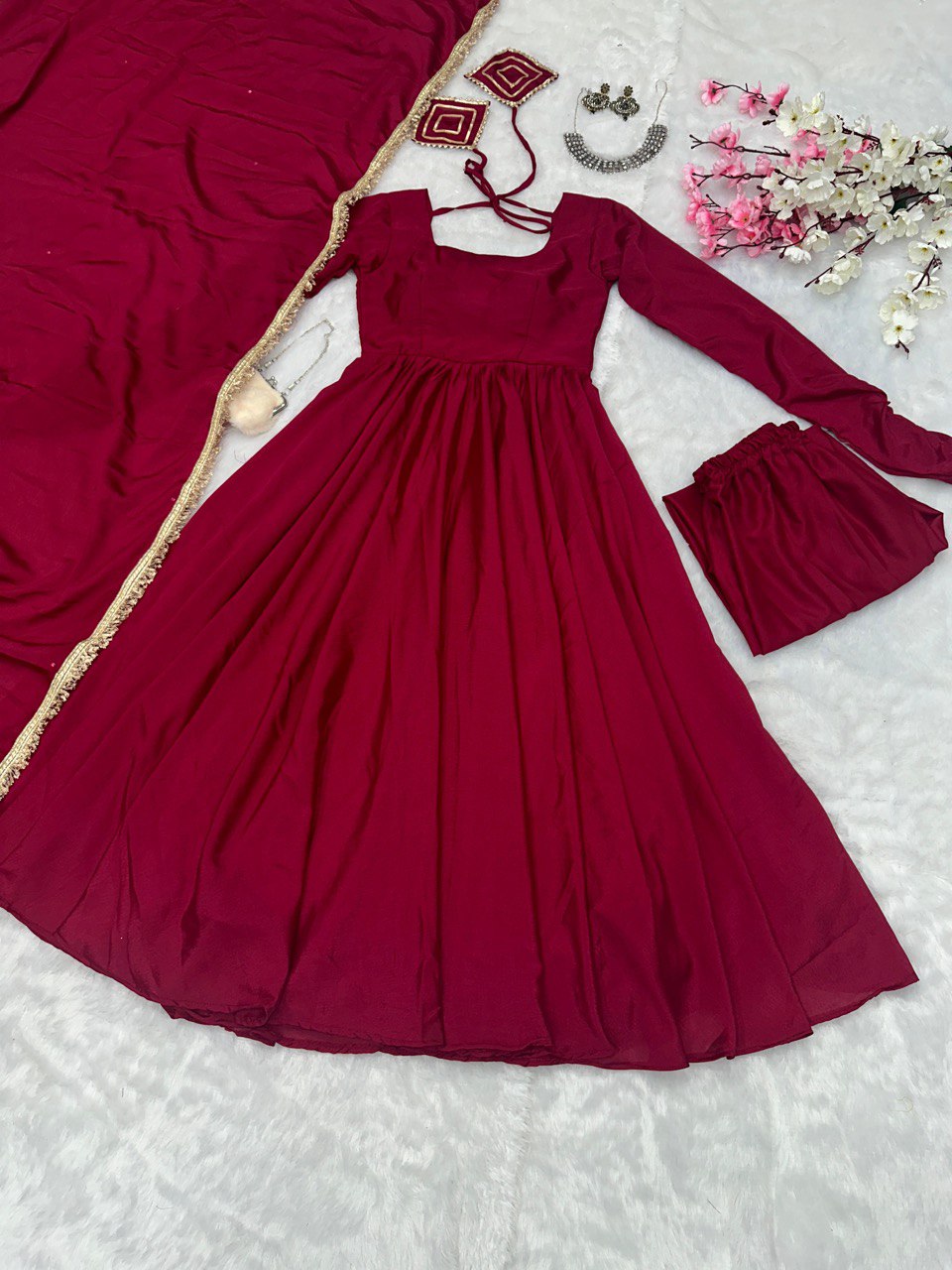 Rani Pink Exclusive Chinnon Silk Anarkali Set