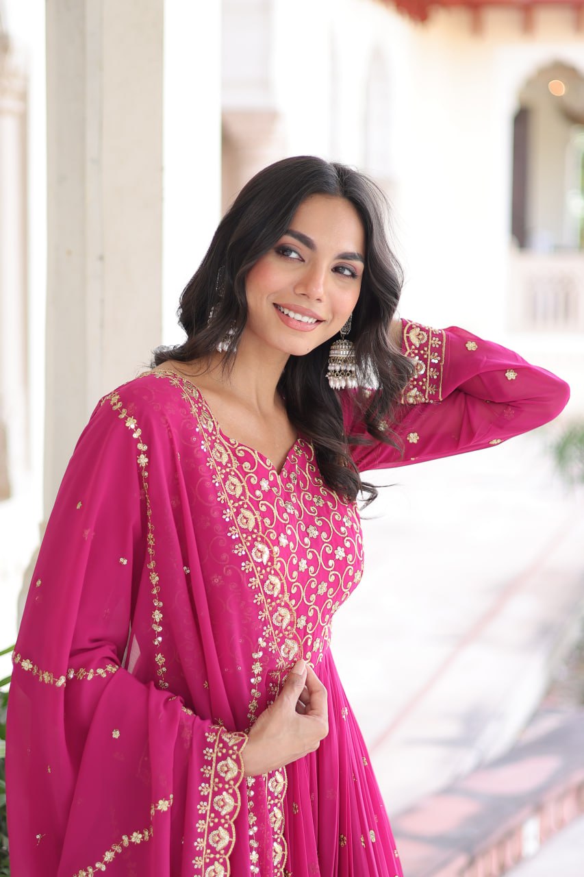 Rani Pink Rich Sequins & Zari Embroidered Faux Georgette Gown with Cut-Work Dupatta – Full Sleeves, Fancy V-Neck, Fully Stitched