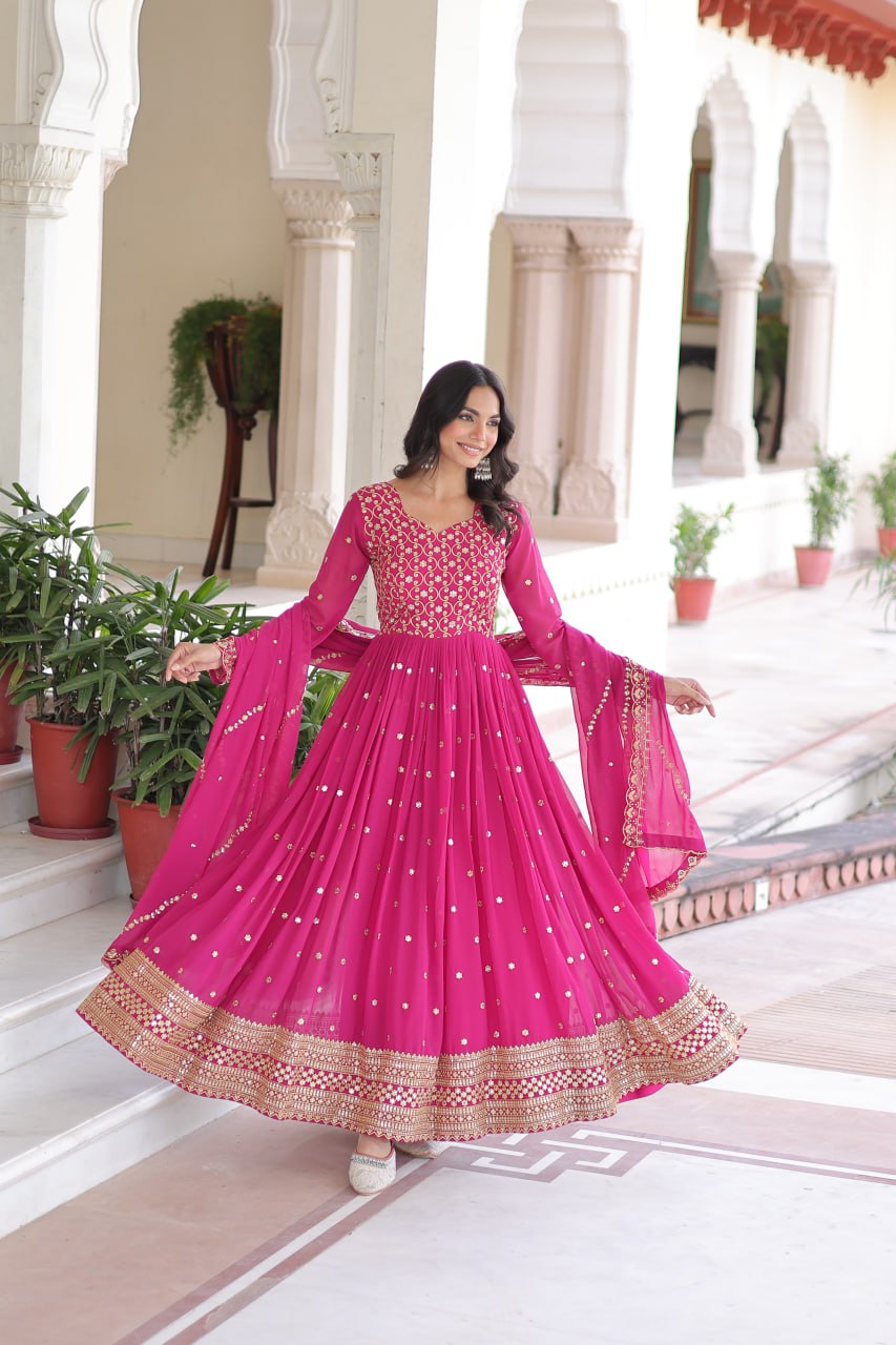Rani Pink Rich Sequins & Zari Embroidered Faux Georgette Gown with Cut-Work Dupatta – Full Sleeves, Fancy V-Neck, Fully Stitched