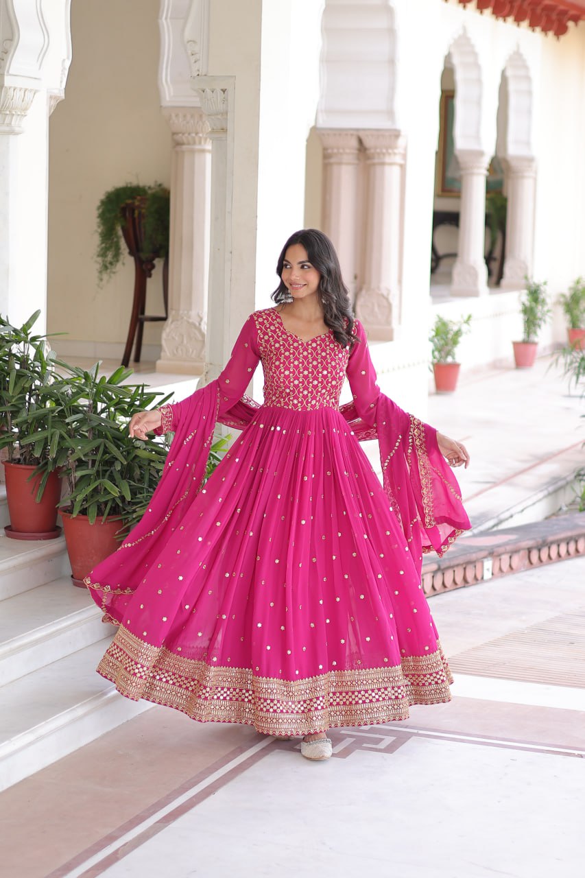 Rani Pink Rich Sequins & Zari Embroidered Faux Georgette Gown with Cut-Work Dupatta – Full Sleeves, Fancy V-Neck, Fully Stitched