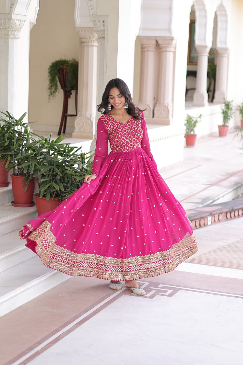 Rani Pink Rich Sequins & Zari Embroidered Faux Georgette Gown with Cut-Work Dupatta – Full Sleeves, Fancy V-Neck, Fully Stitched