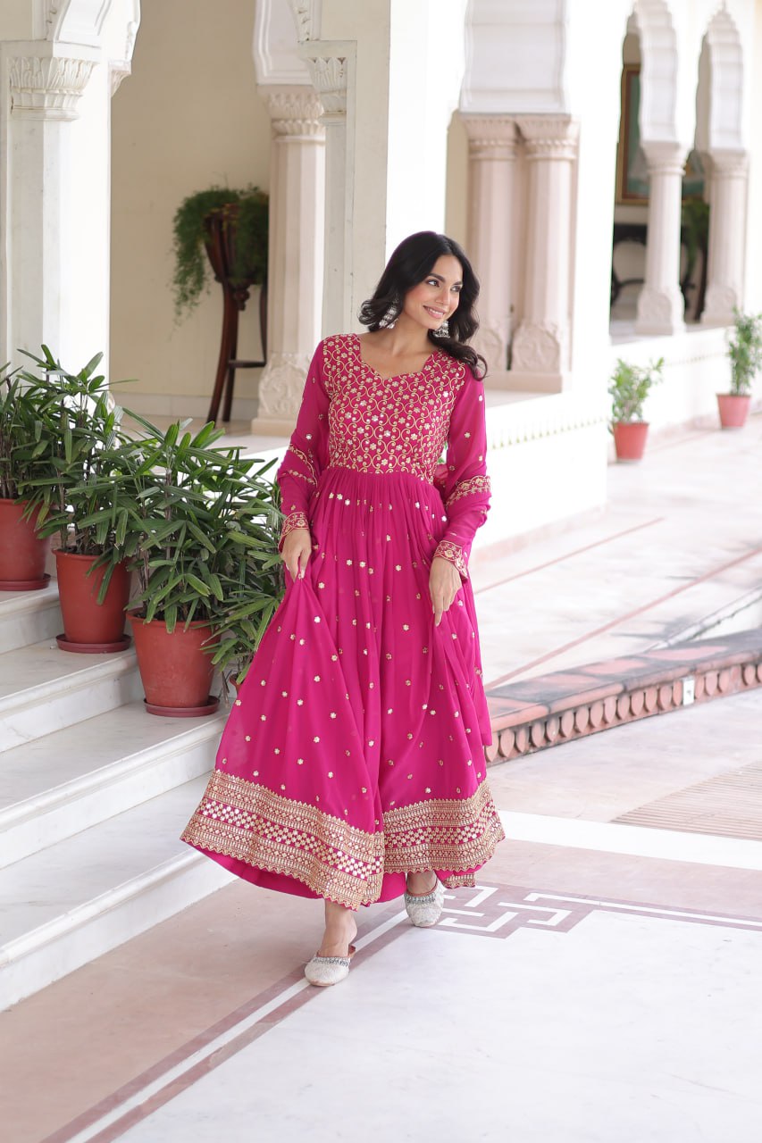 Rani Pink Rich Sequins & Zari Embroidered Faux Georgette Gown with Cut-Work Dupatta – Full Sleeves, Fancy V-Neck, Fully Stitched