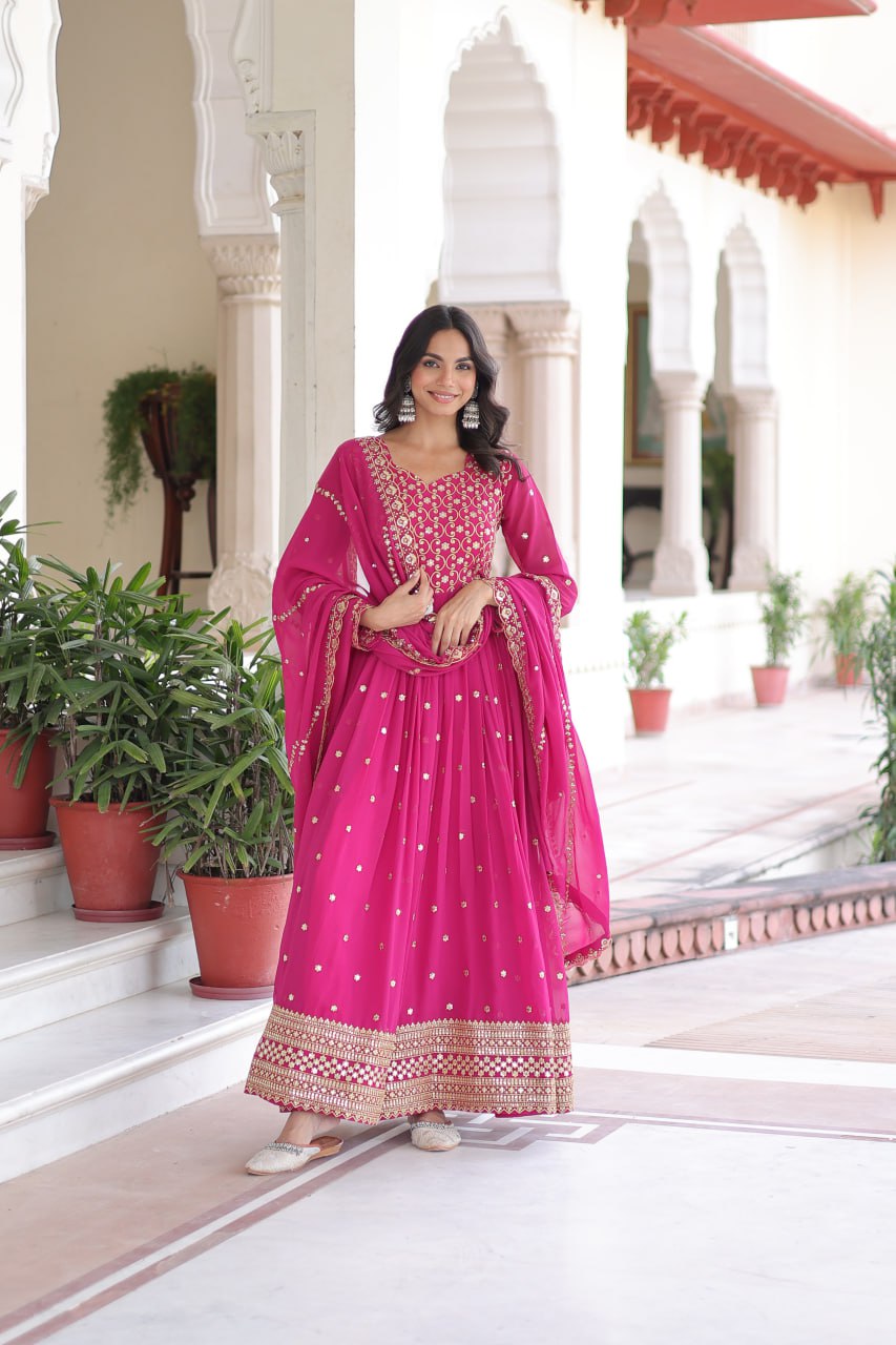 Rani Pink Rich Sequins & Zari Embroidered Faux Georgette Gown with Cut-Work Dupatta – Full Sleeves, Fancy V-Neck, Fully Stitched