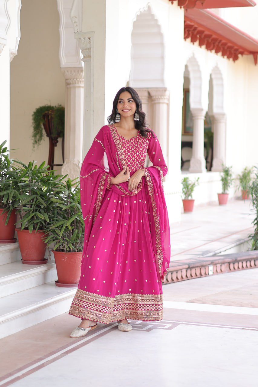 Rani Pink Rich Sequins & Zari Embroidered Faux Georgette Gown with Cut-Work Dupatta – Full Sleeves, Fancy V-Neck, Fully Stitched