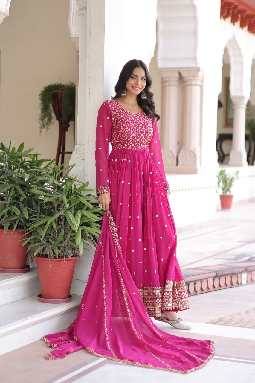 Rani Pink Rich Sequins & Zari Embroidered Faux Georgette Gown with Cut-Work Dupatta – Full Sleeves, Fancy V-Neck, Fully Stitched