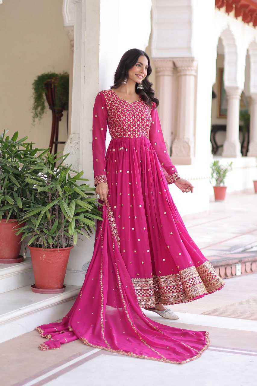 Rani Pink Rich Sequins & Zari Embroidered Faux Georgette Gown with Cut-Work Dupatta – Full Sleeves, Fancy V-Neck, Fully Stitched