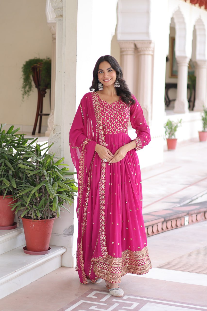 Rani Pink Rich Sequins & Zari Embroidered Faux Georgette Gown with Cut-Work Dupatta – Full Sleeves, Fancy V-Neck, Fully Stitched