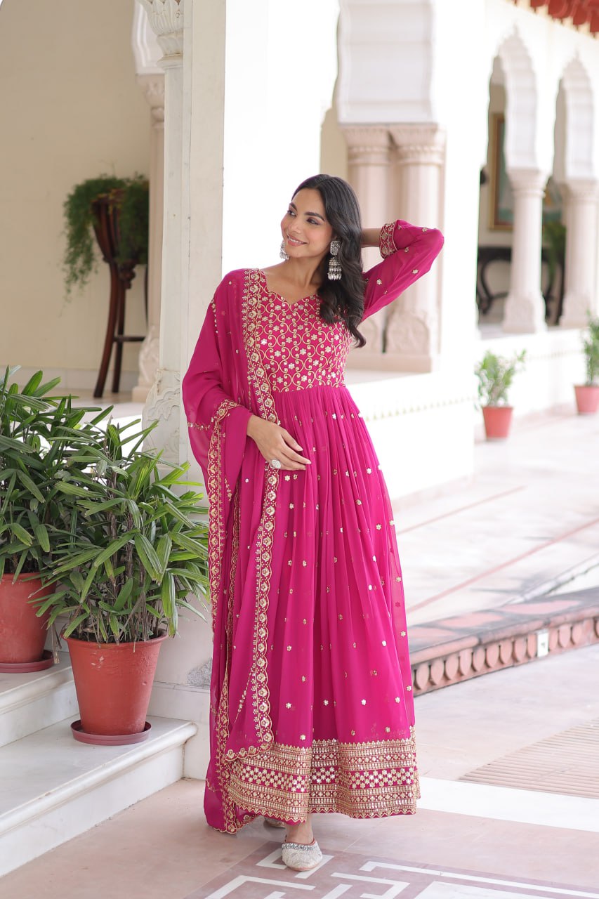 Rani Pink Rich Sequins & Zari Embroidered Faux Georgette Gown with Cut-Work Dupatta – Full Sleeves, Fancy V-Neck, Fully Stitched