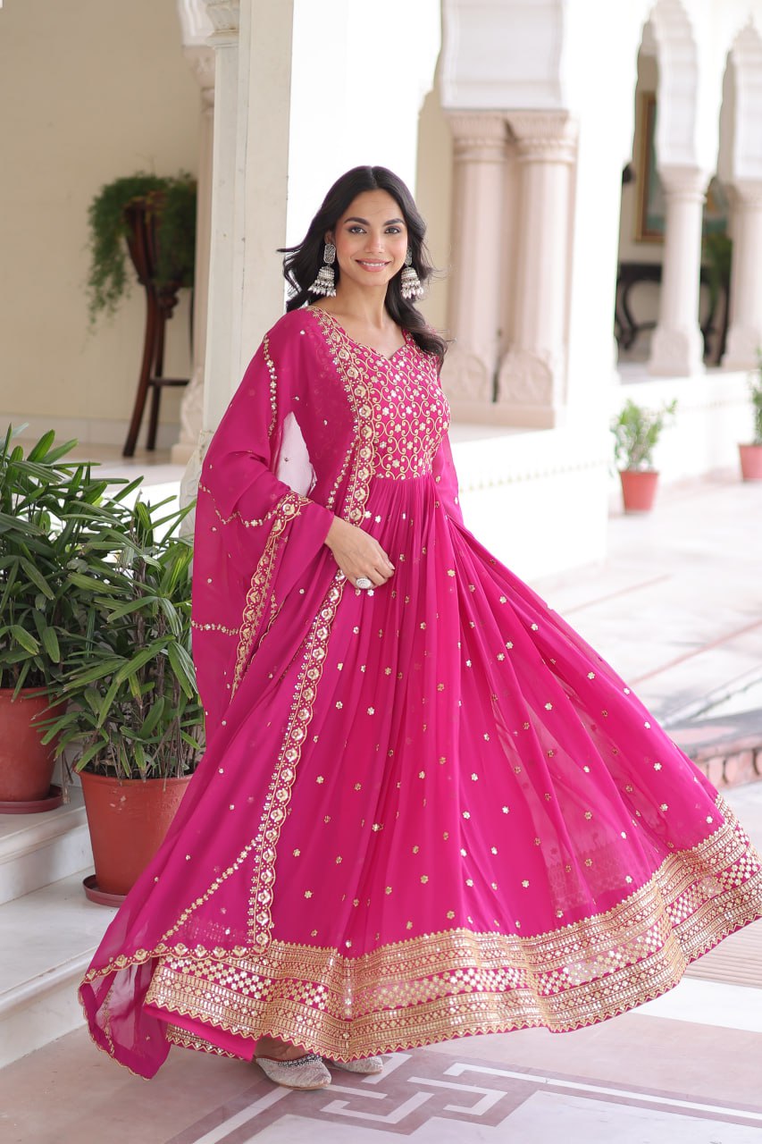 Rani Pink Rich Sequins & Zari Embroidered Faux Georgette Gown with Cut-Work Dupatta – Full Sleeves, Fancy V-Neck, Fully Stitched