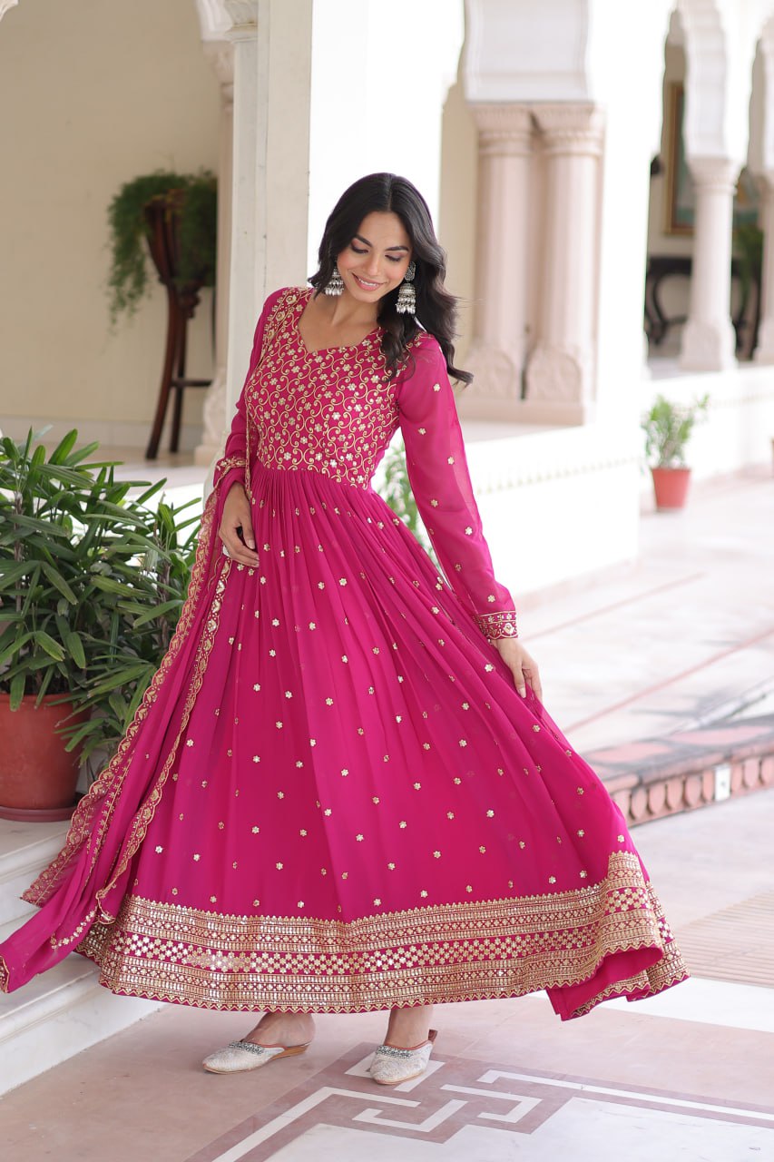 Rani Pink Rich Sequins & Zari Embroidered Faux Georgette Gown with Cut-Work Dupatta – Full Sleeves, Fancy V-Neck, Fully Stitched
