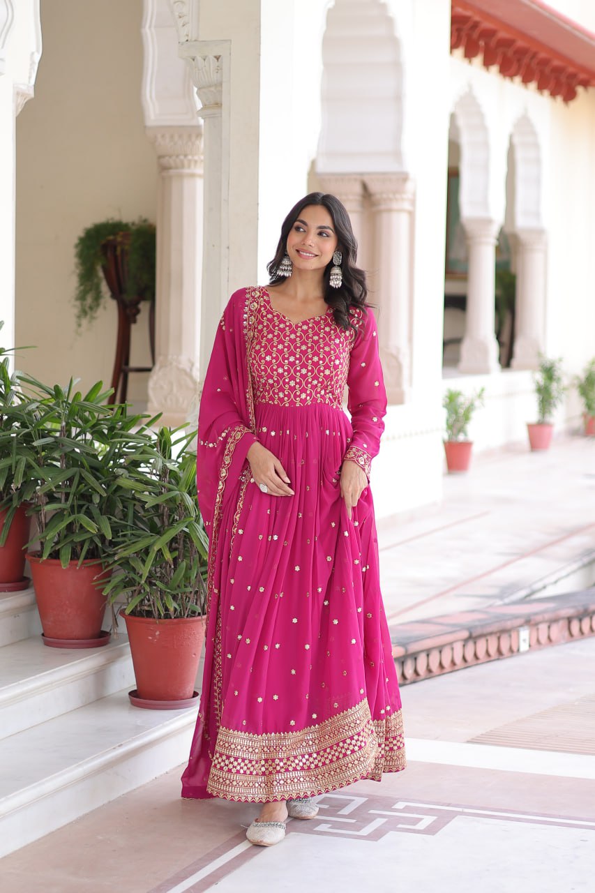 Rani Pink Rich Sequins & Zari Embroidered Faux Georgette Gown with Cut-Work Dupatta – Full Sleeves, Fancy V-Neck, Fully Stitched