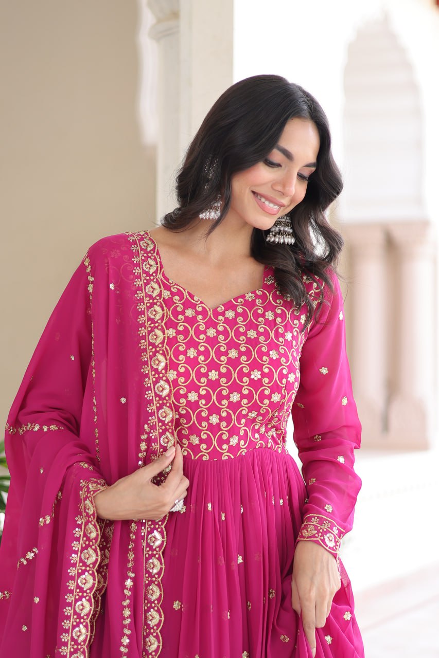 Rani Pink Rich Sequins & Zari Embroidered Faux Georgette Gown with Cut-Work Dupatta – Full Sleeves, Fancy V-Neck, Fully Stitched