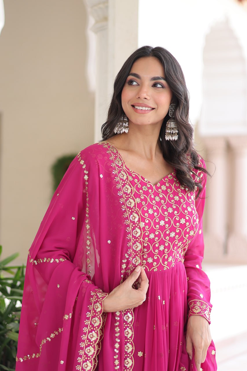 Rani Pink Rich Sequins & Zari Embroidered Faux Georgette Gown with Cut-Work Dupatta – Full Sleeves, Fancy V-Neck, Fully Stitched