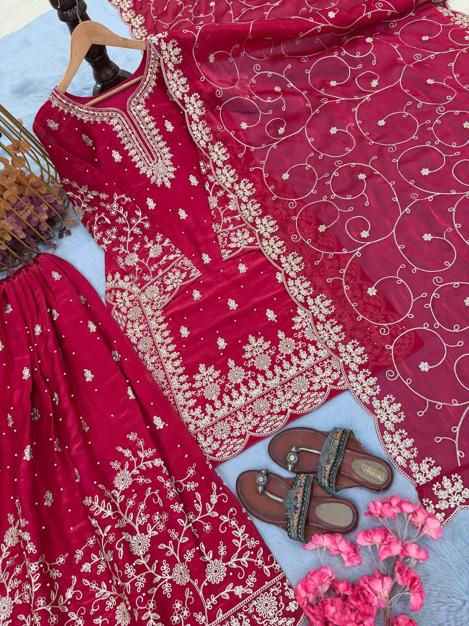 Rani Pink Silk Heavy Embroidered Kurta Palazzo Set with Dupatta Festive Wear