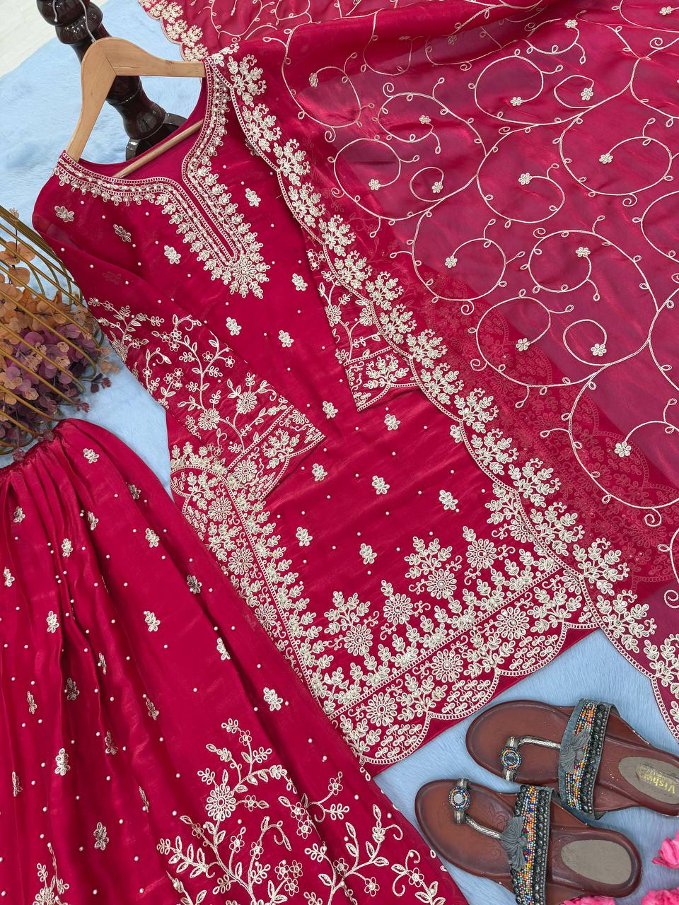 Rani Pink Silk Heavy Embroidered Kurta Palazzo Set with Dupatta Festive Wear