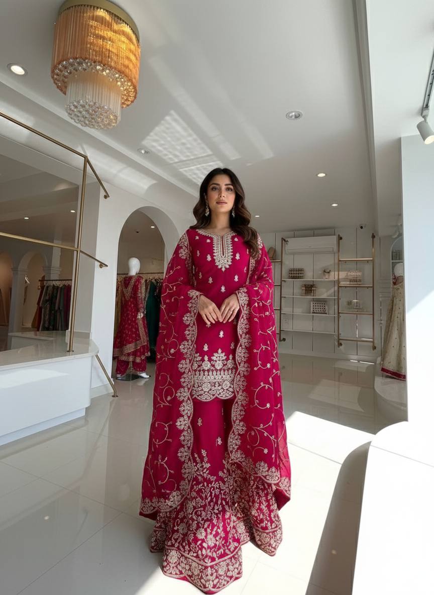 Rani Pink Silk Heavy Embroidered Kurta Palazzo Set with Dupatta Festive Wear