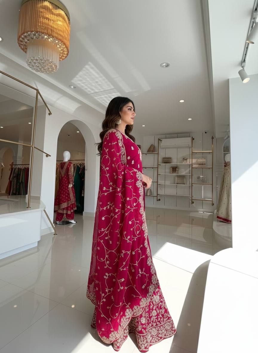 Rani Pink Silk Heavy Embroidered Kurta Palazzo Set with Dupatta Festive Wear