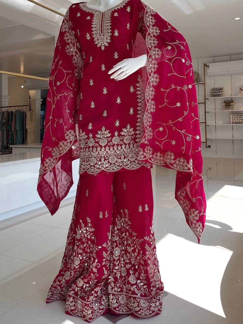 Rani Pink Silk Heavy Embroidered Kurta Palazzo Set with Dupatta Festive Wear
