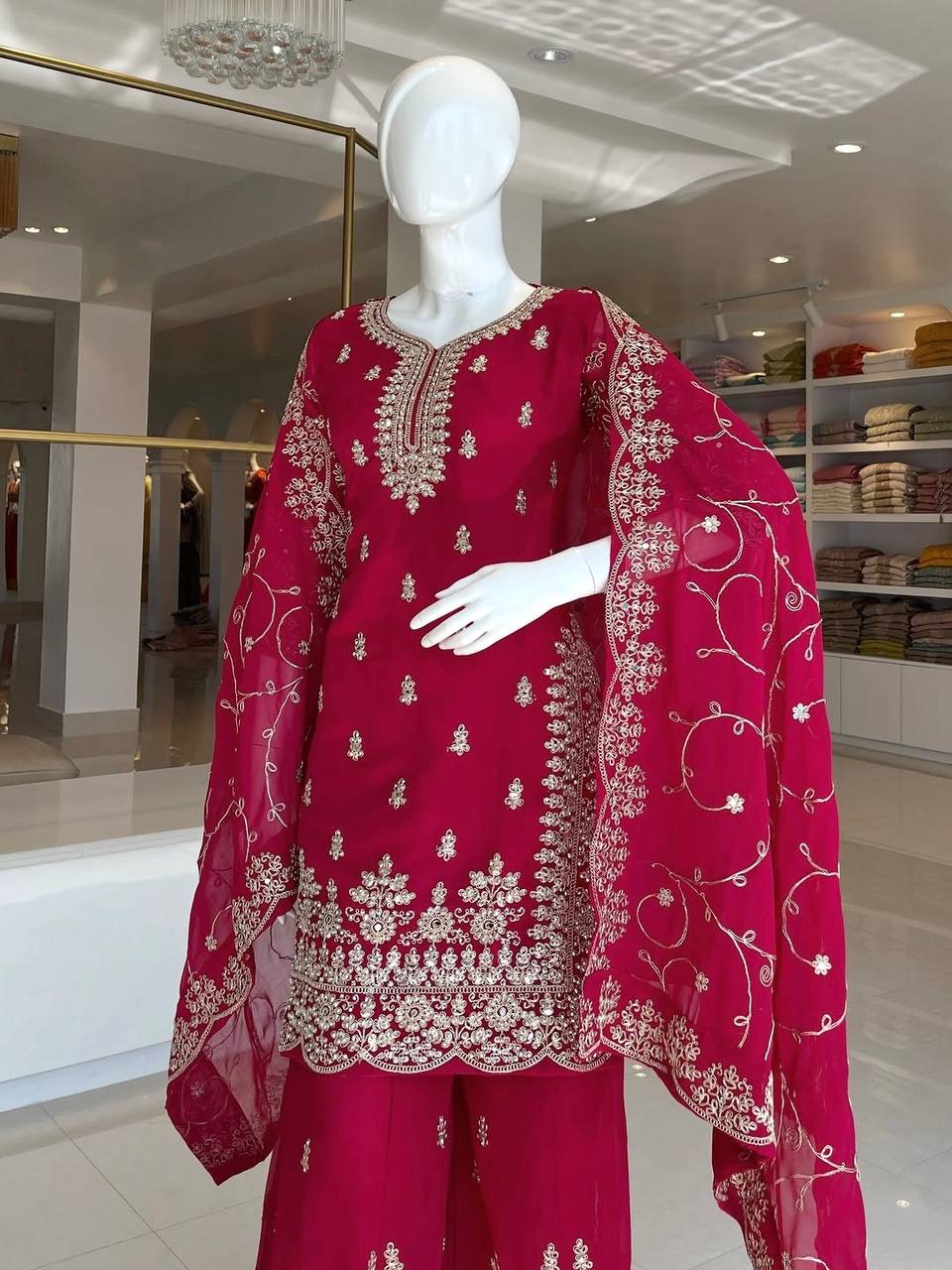 Rani Pink Silk Heavy Embroidered Kurta Palazzo Set with Dupatta Festive Wear
