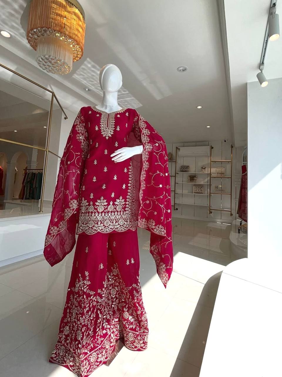 Rani Pink Silk Heavy Embroidered Kurta Palazzo Set with Dupatta Festive Wear